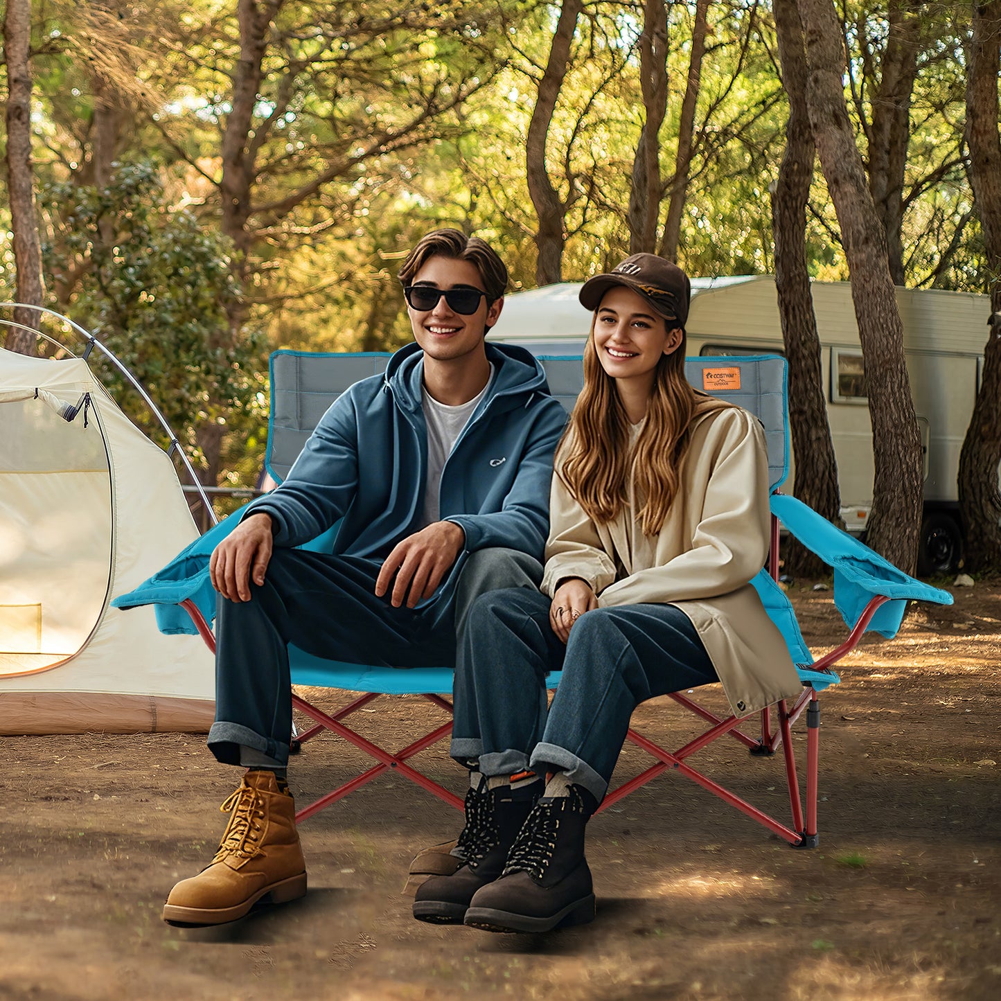 Oversized Folding Camping Loveseat with Cup Holders