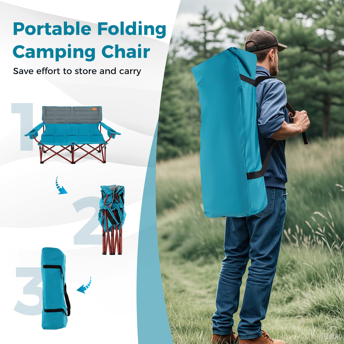 Oversized Folding Camping Loveseat with Cup Holders