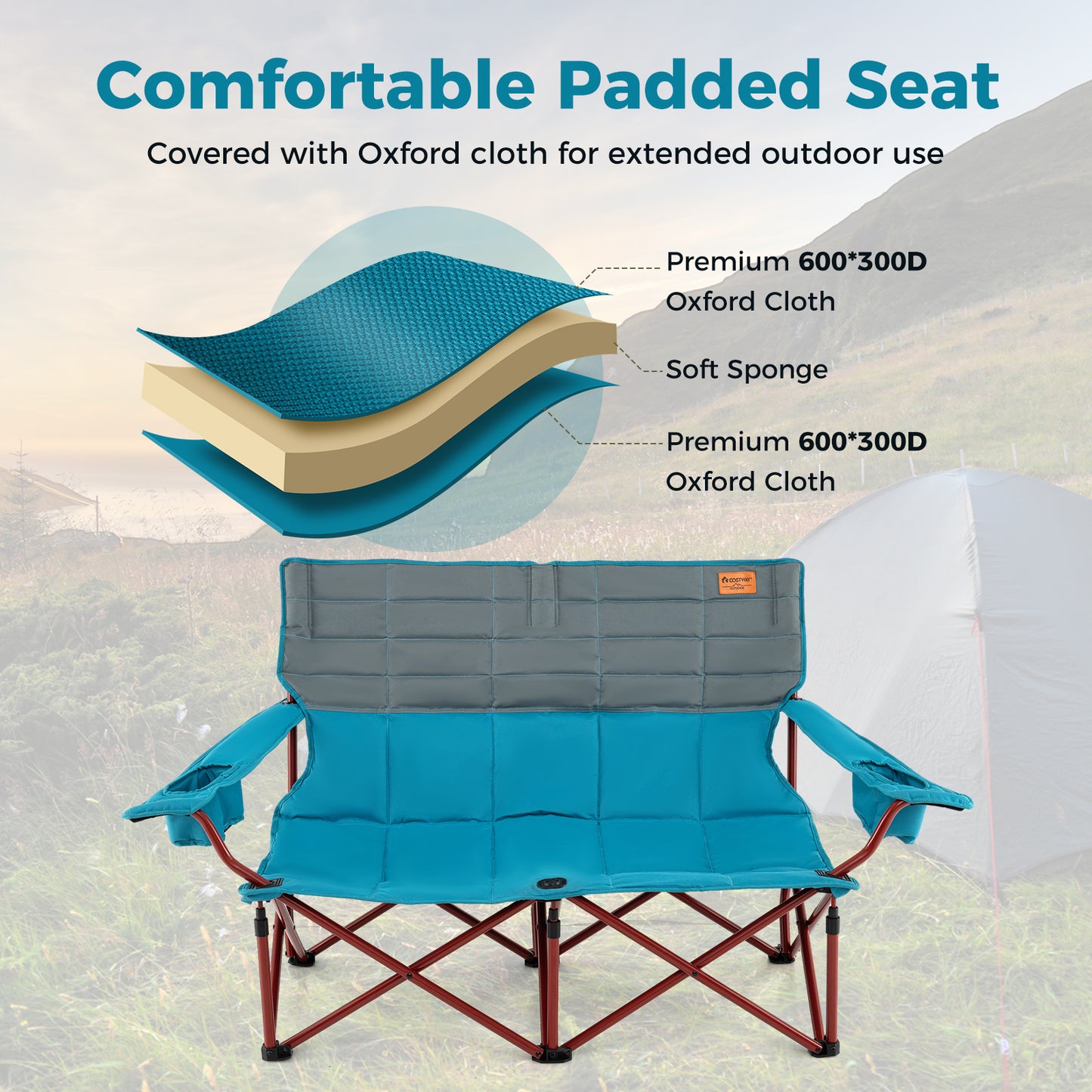 Oversized Folding Camping Loveseat with Cup Holders