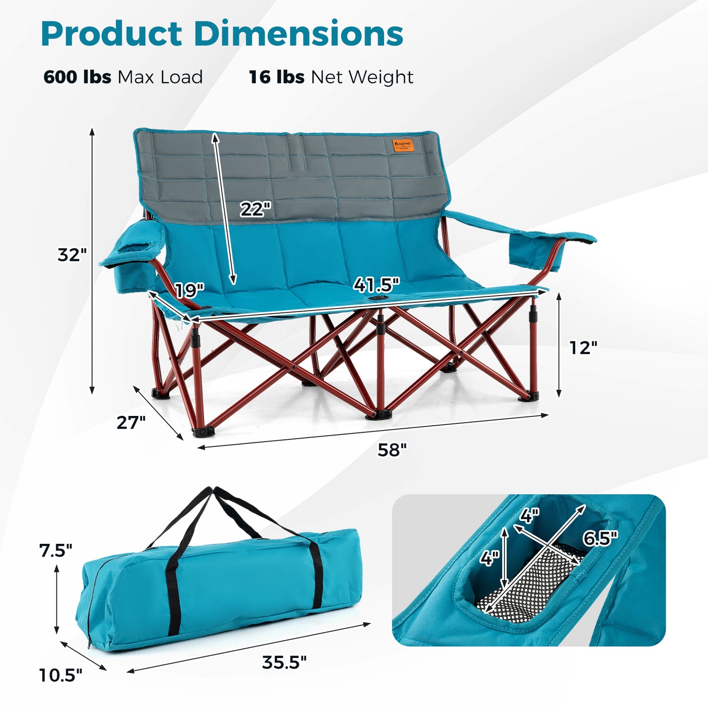 Oversized Folding Camping Loveseat with Cup Holders