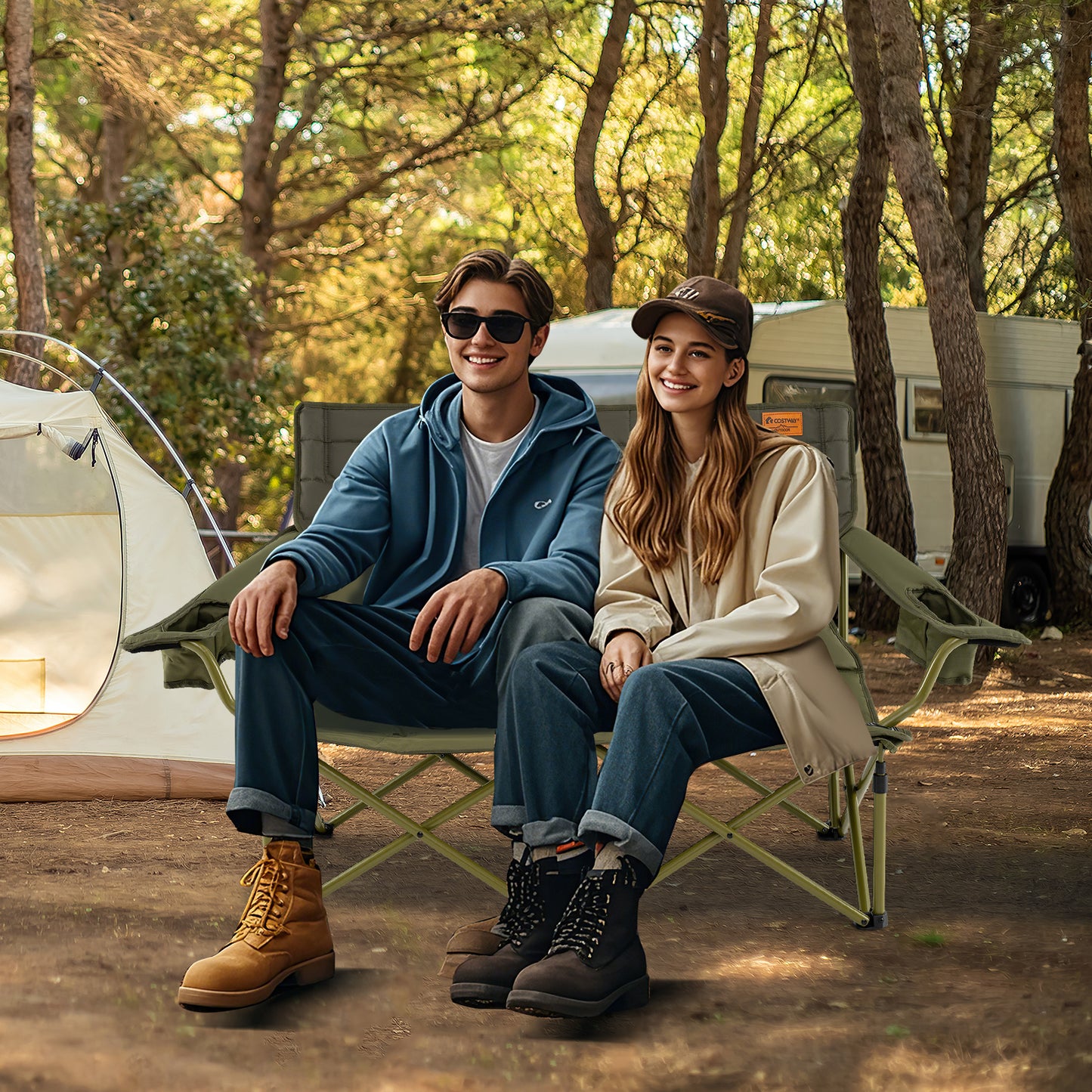 Oversized Folding Camping Loveseat with Cup Holders