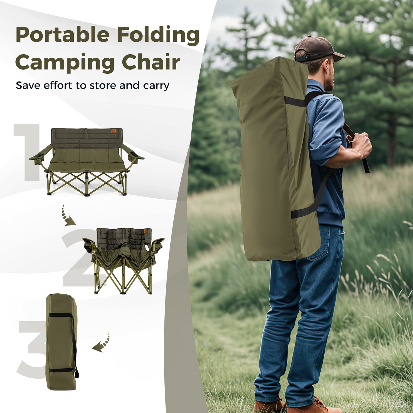Oversized Folding Camping Loveseat with Cup Holders