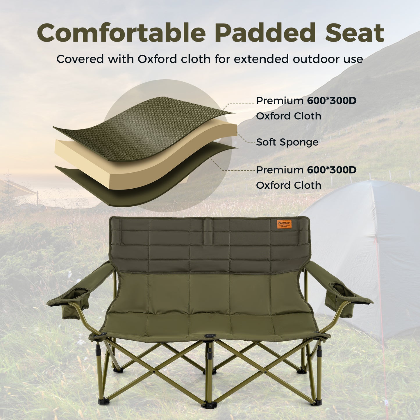 Oversized Folding Camping Loveseat with Cup Holders