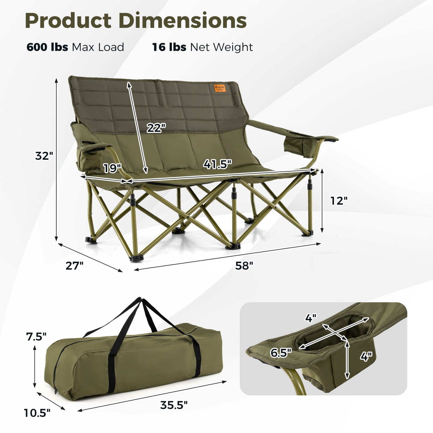 Oversized Folding Camping Loveseat with Cup Holders