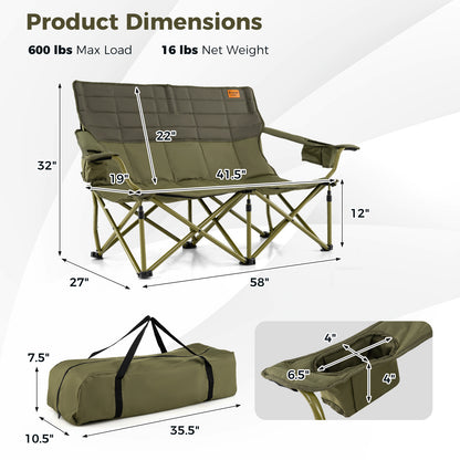 Oversized Folding Camping Loveseat with Cup Holders
