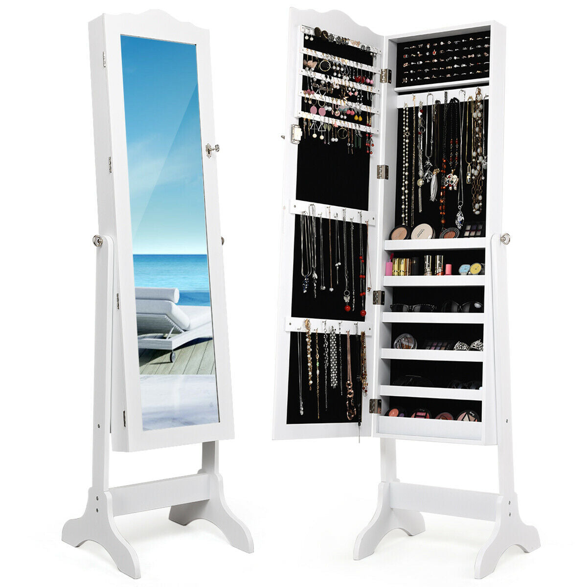 Mirrored Jewelry Armoire Cabinet with Lock and Full Length Mirror