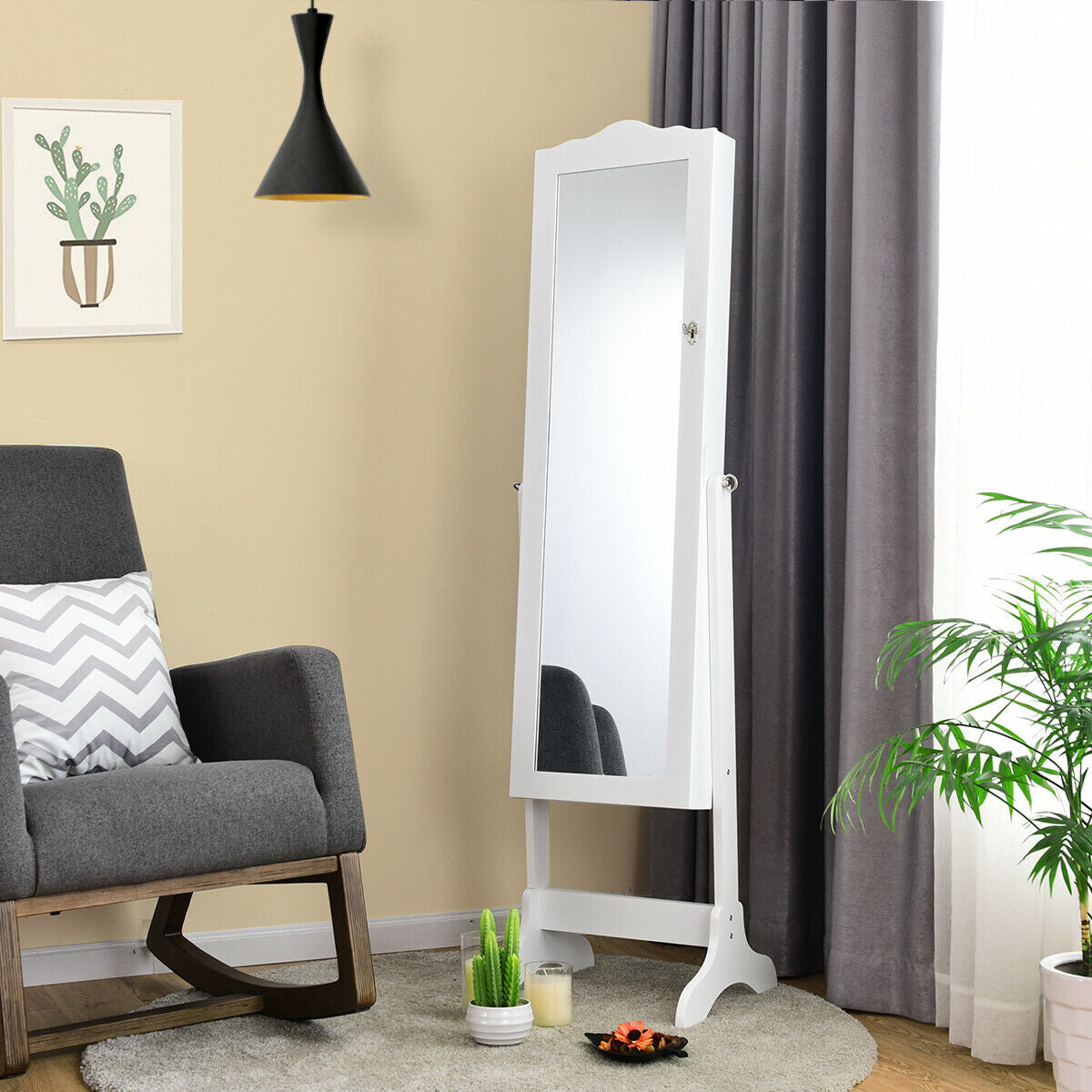 Mirrored Jewelry Armoire Cabinet with Lock and Full Length Mirror