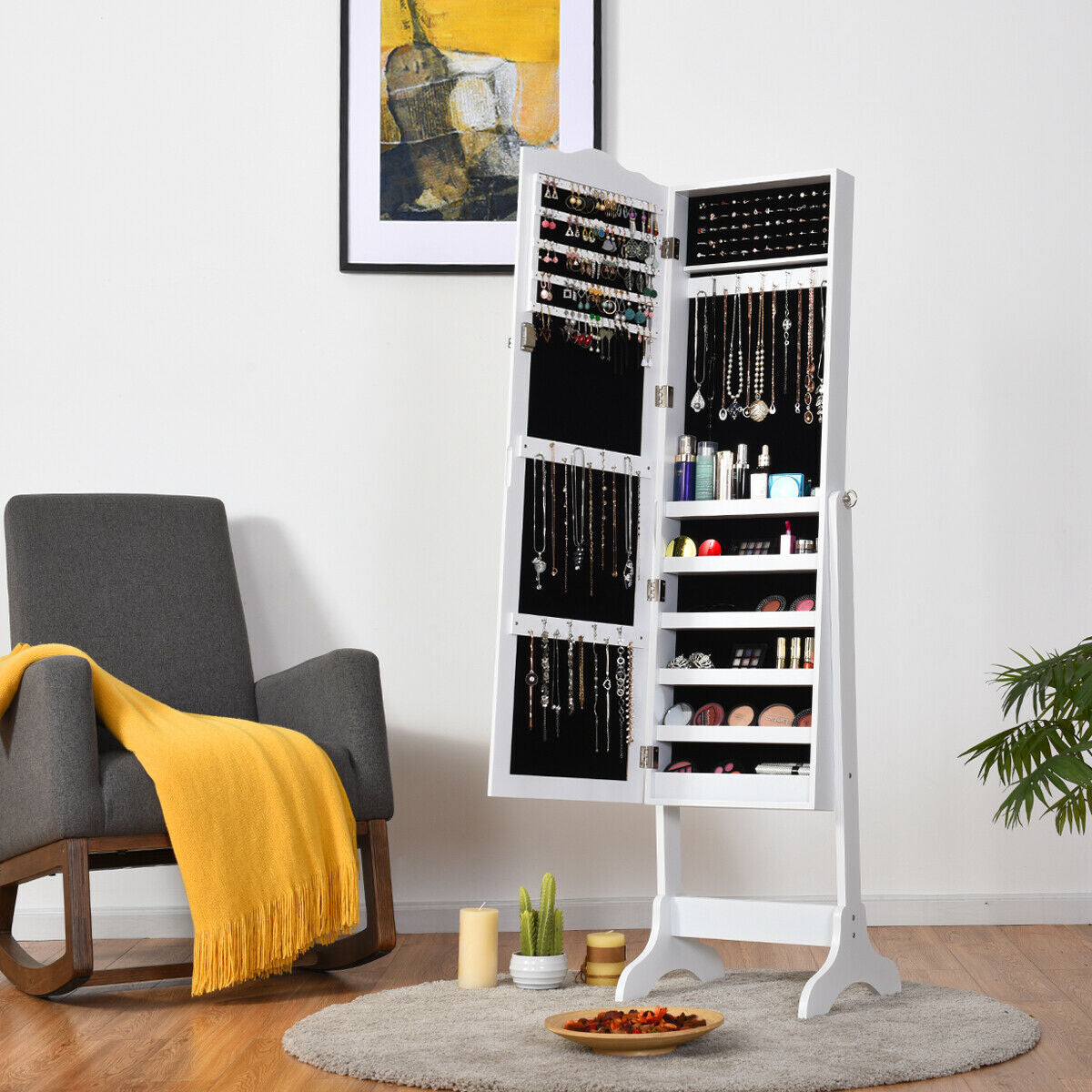 Mirrored Jewelry Armoire Cabinet with Lock and Full Length Mirror