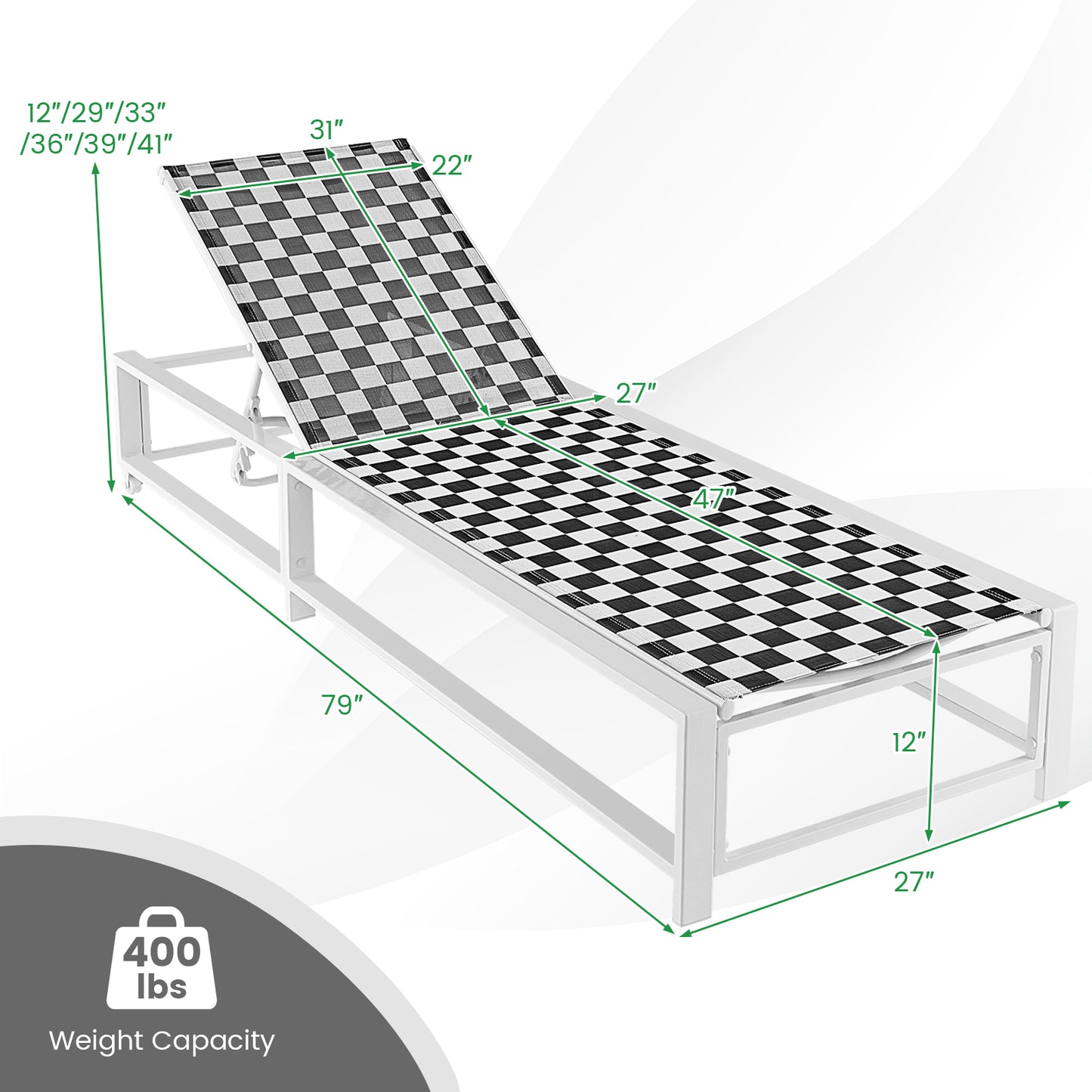 Adjustable Patio Chaise Lounge Chair with Wheels - 400 lbs