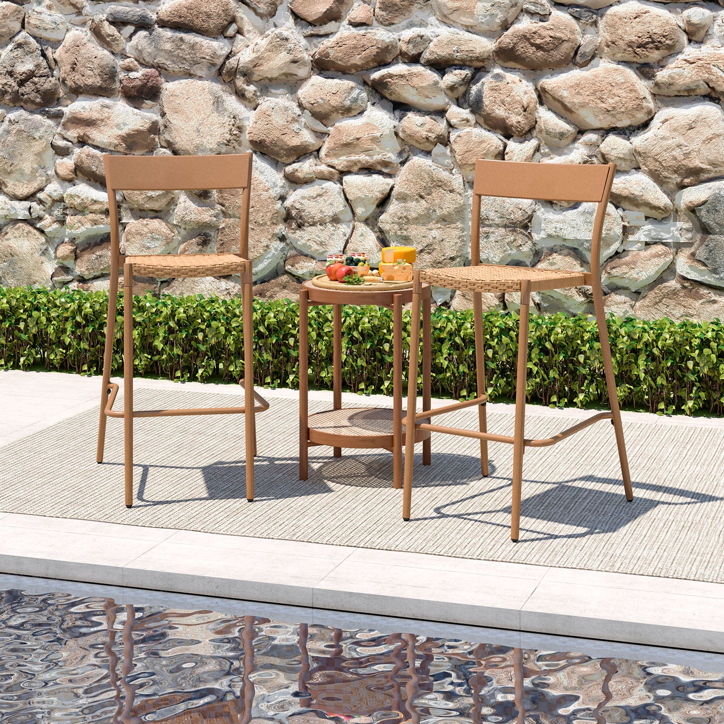 Patio Barstools Set of 2 with Rattan Seat and Metal Frame