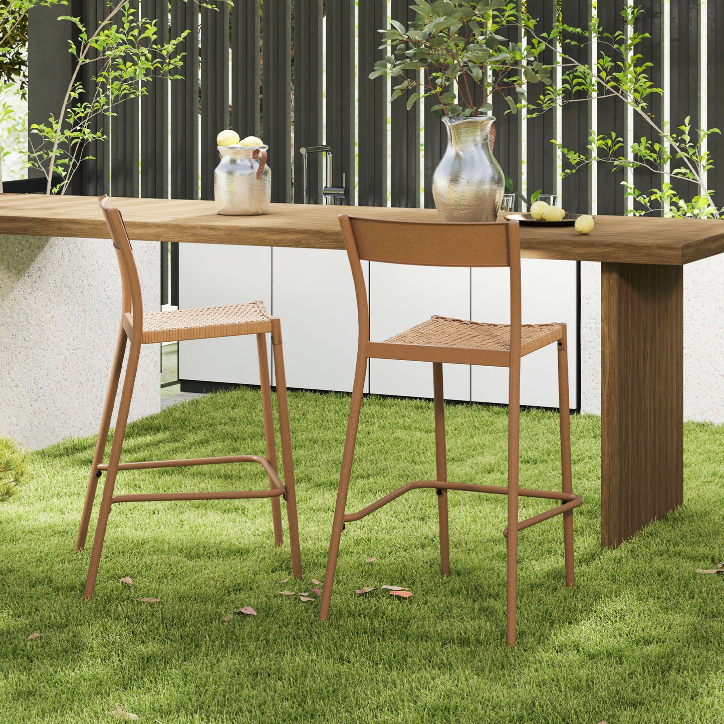 Patio Barstools Set of 2 with Rattan Seat and Metal Frame