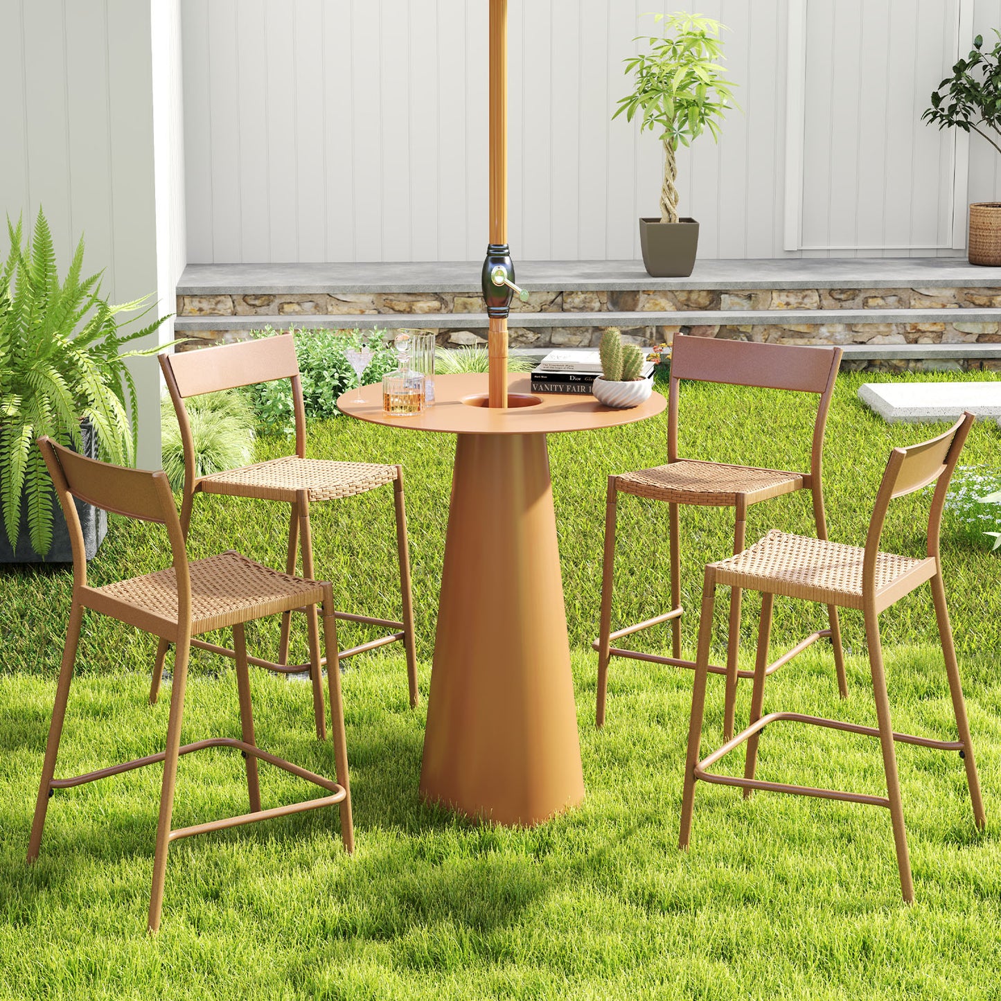 Patio Barstools Set of 4 with Rattan Seat and Metal Frame
