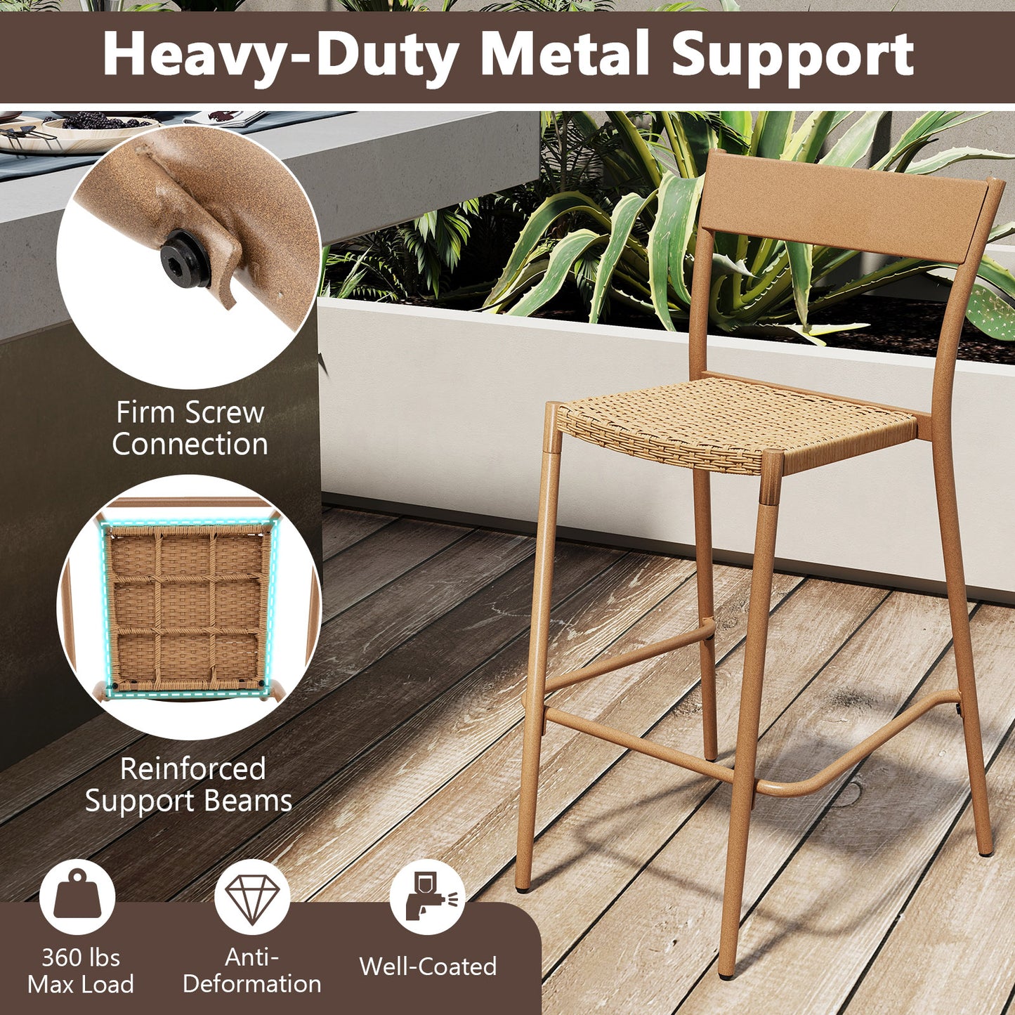 Patio Barstools Set of 4 with Rattan Seat and Metal Frame