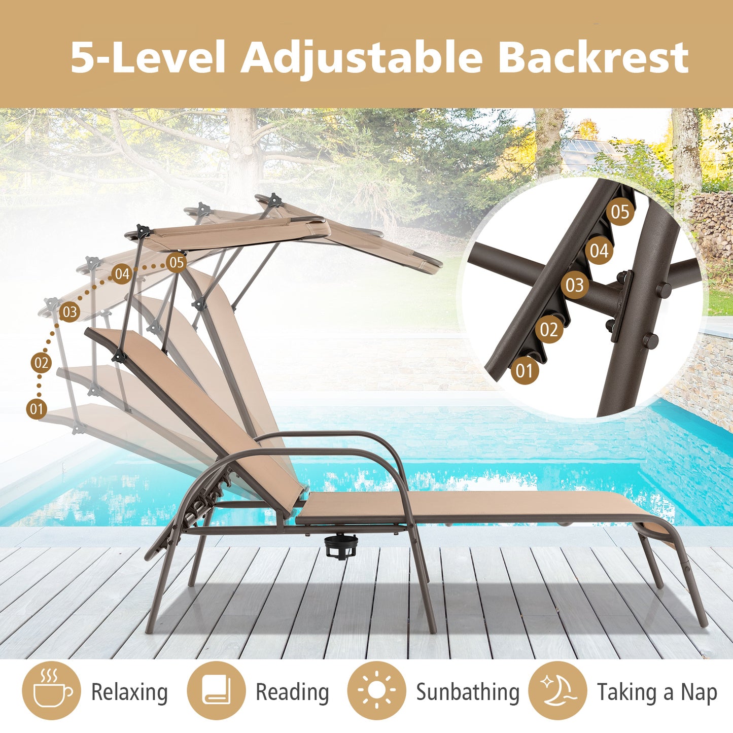 Adjustable Chaise Lounge Chair with Canopy - 5 Positions