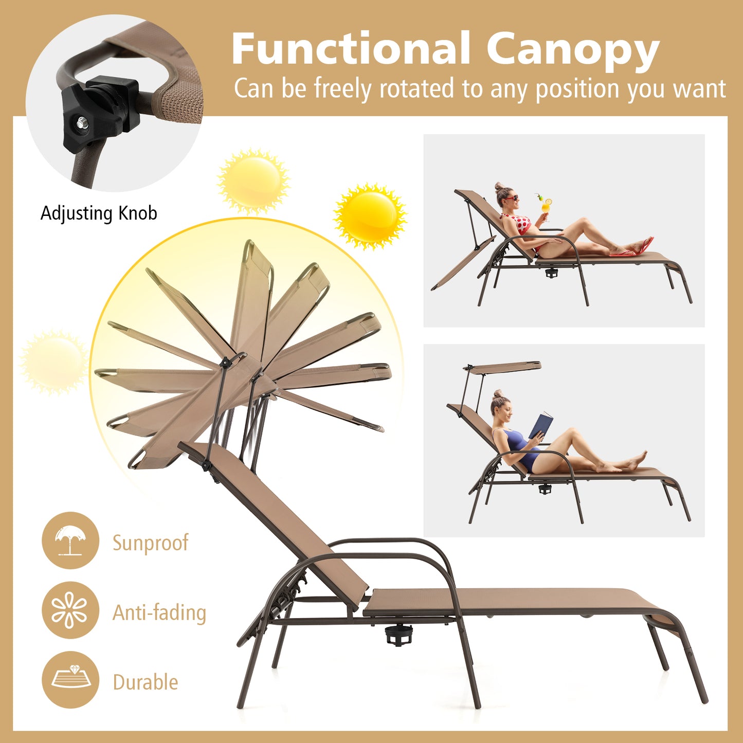 Adjustable Chaise Lounge Chair with Canopy - 5 Positions