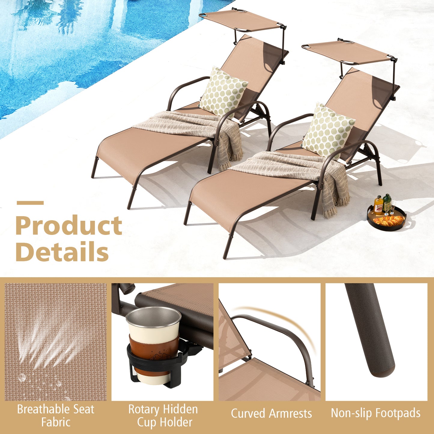 Adjustable Chaise Lounge Chair with Canopy - 5 Positions