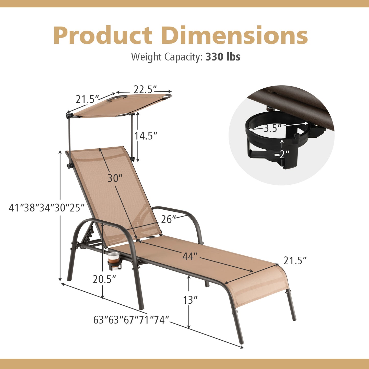 Adjustable Chaise Lounge Chair with Canopy - 5 Positions