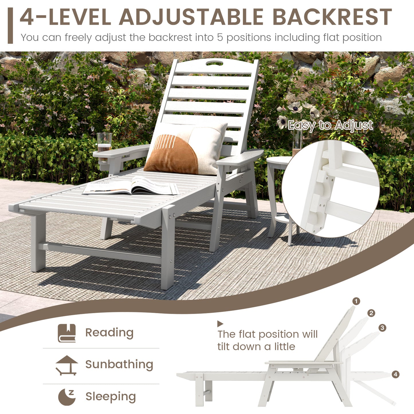 Outdoor Chaise Lounge Chair with 4-Position Adjustable Backrest