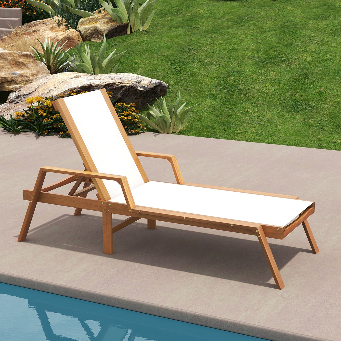 Acacia Wood Patio Chaise Lounge Chair with 5-Position Backrest