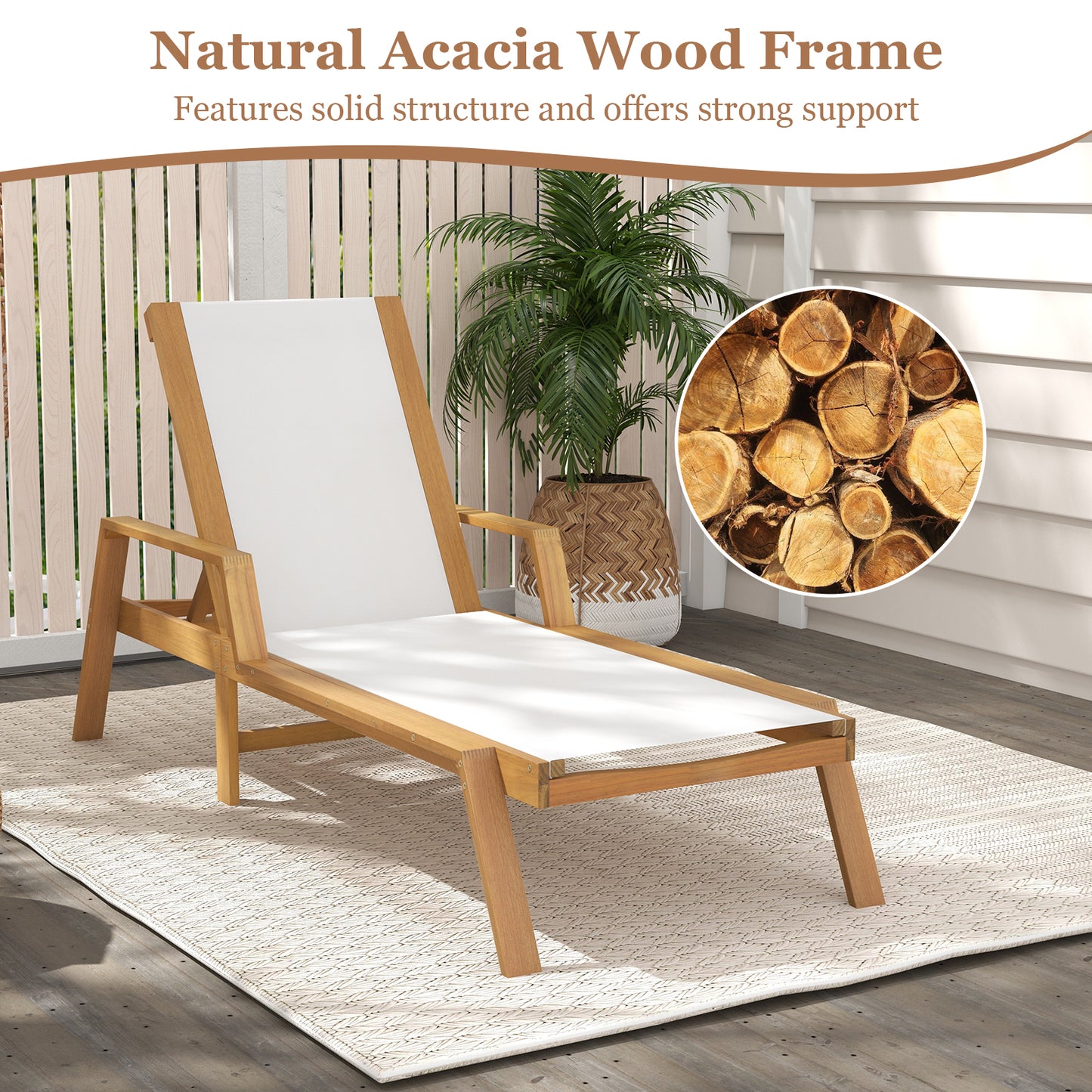 Acacia Wood Patio Chaise Lounge Chair with 5-Position Backrest