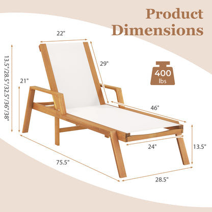 Acacia Wood Patio Chaise Lounge Chair with 5-Position Backrest