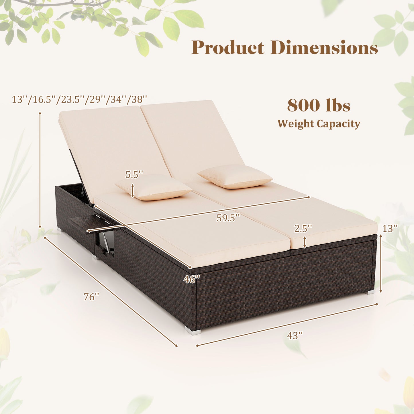Double Chaise Lounge with Cushions and Folding Side Tables