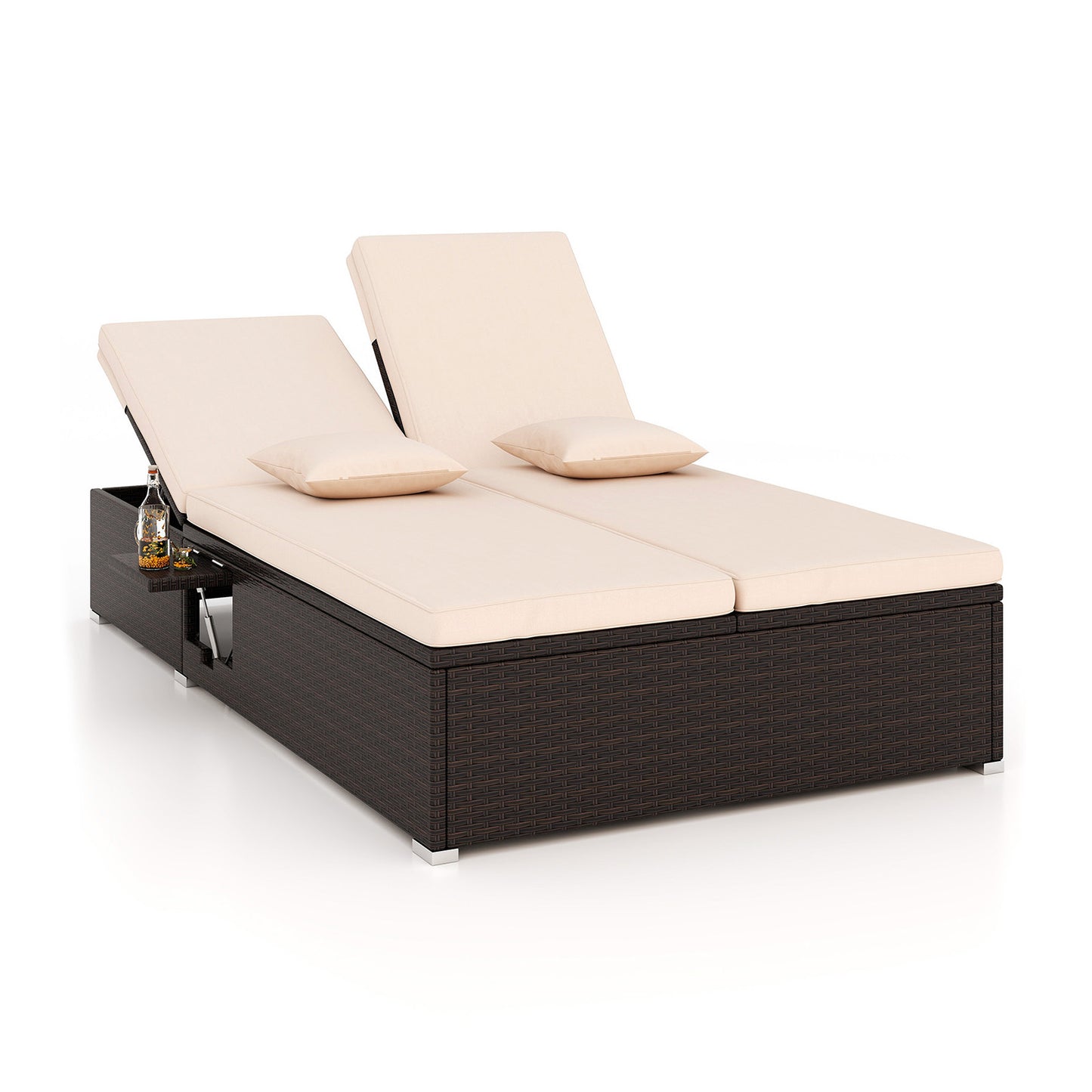 Double Chaise Lounge with Cushions and Folding Side Tables