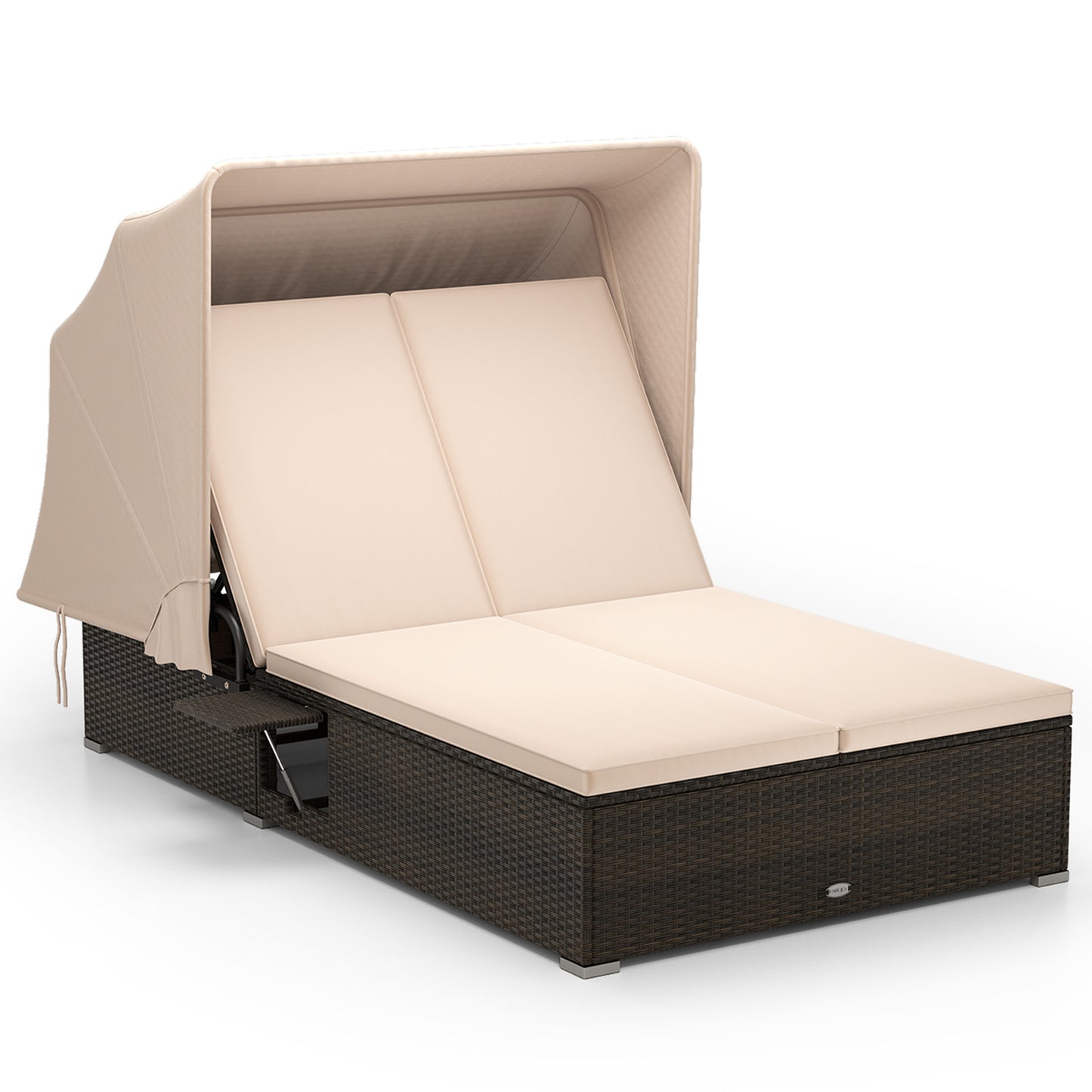 Double Chaise Lounge with Canopy, Cushions & Side Tables