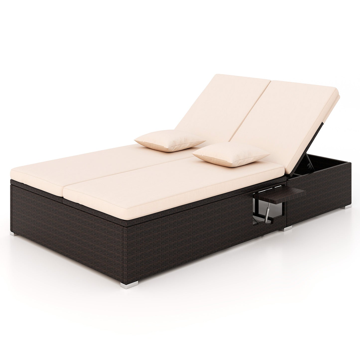 Double Chaise Lounge with Cushions and Folding Side Tables