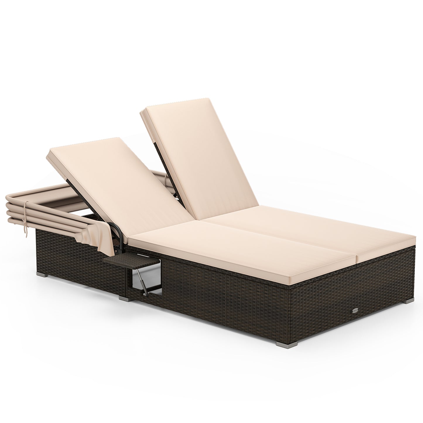 Double Chaise Lounge with Canopy, Cushions & Side Tables