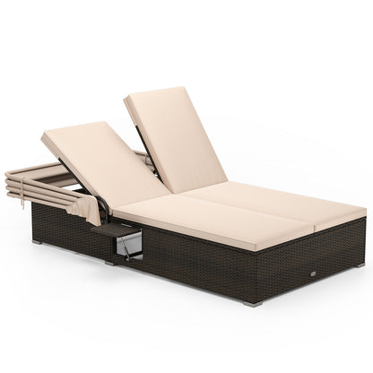 Double Chaise Lounge with Canopy, Cushions & Side Tables