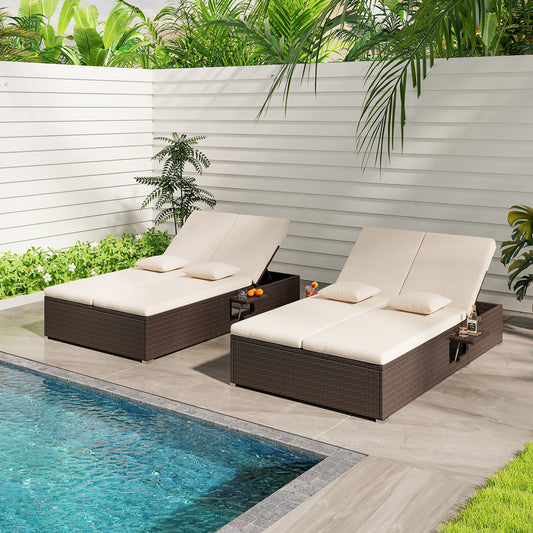 Double Chaise Lounge with Cushions and Folding Side Tables