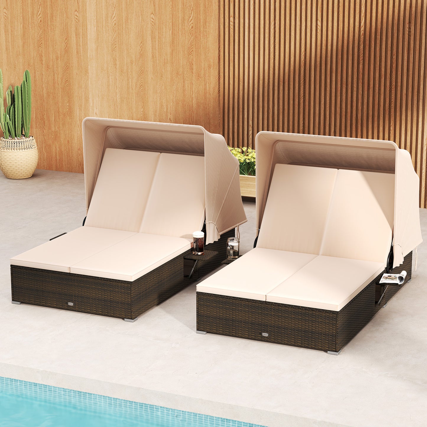 Double Chaise Lounge with Canopy, Cushions & Side Tables