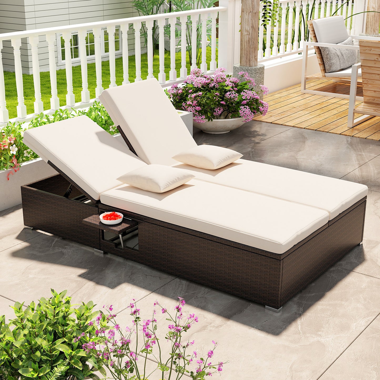 Double Chaise Lounge with Cushions and Folding Side Tables