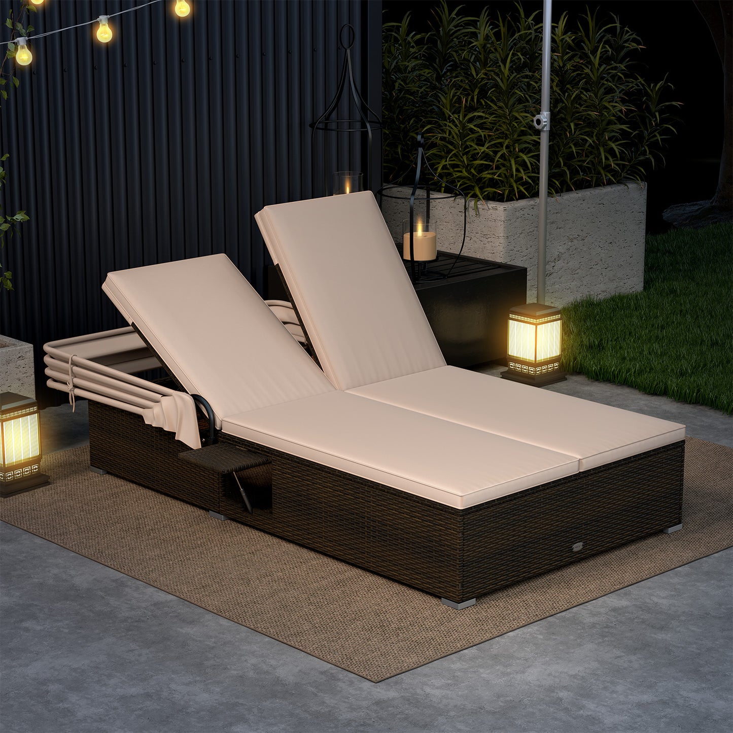 Double Chaise Lounge with Canopy, Cushions & Side Tables