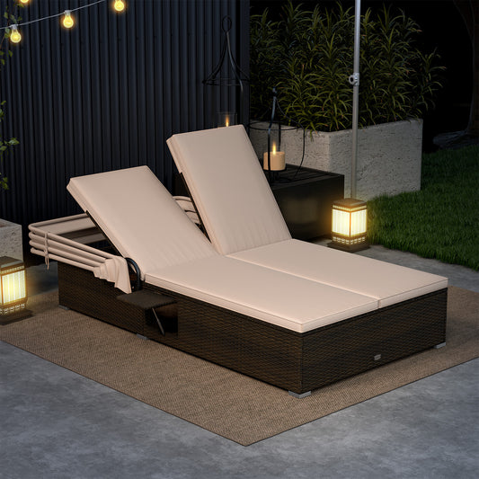 Double Chaise Lounge with Canopy, Cushions & Side Tables