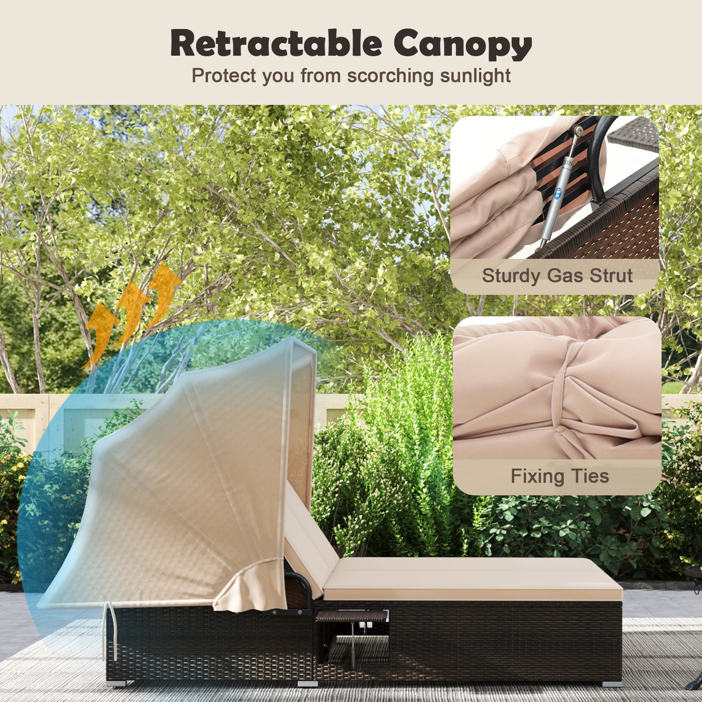 Double Chaise Lounge with Canopy, Cushions & Side Tables