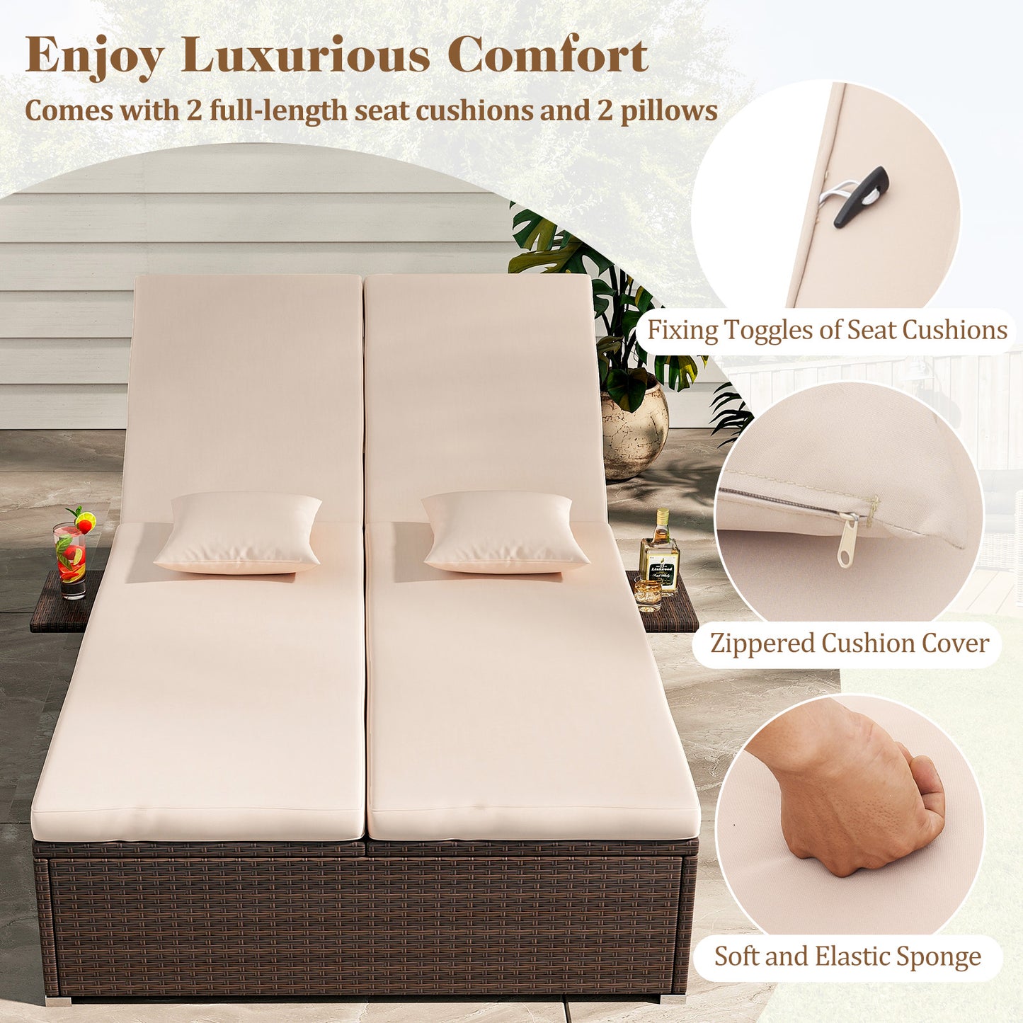 Double Chaise Lounge with Cushions and Folding Side Tables