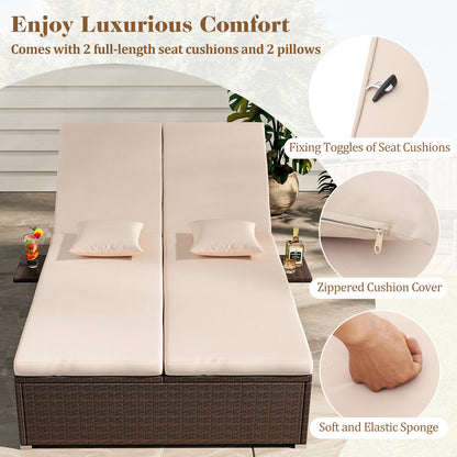 Double Chaise Lounge with Cushions and Folding Side Tables