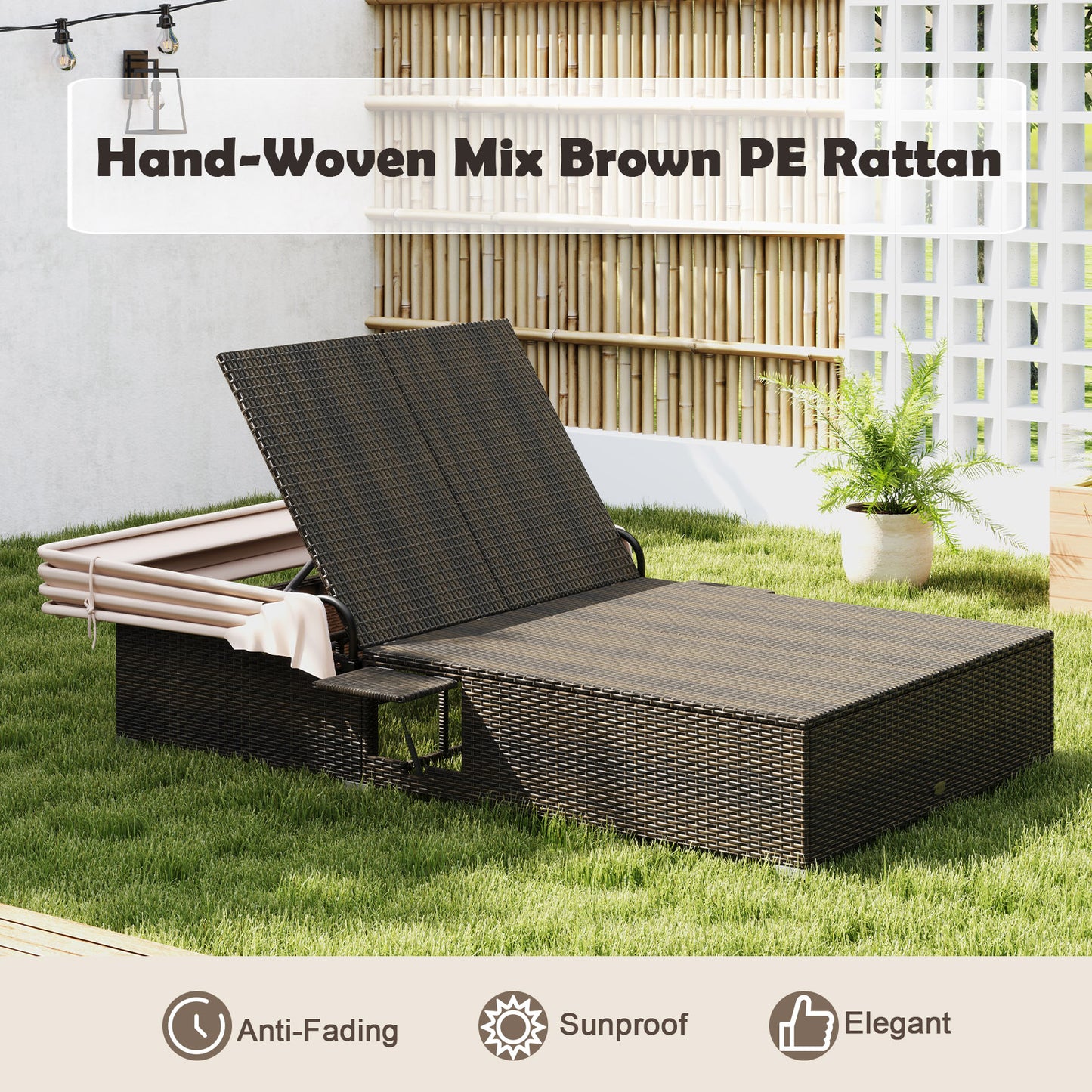 Double Chaise Lounge with Canopy, Cushions & Side Tables