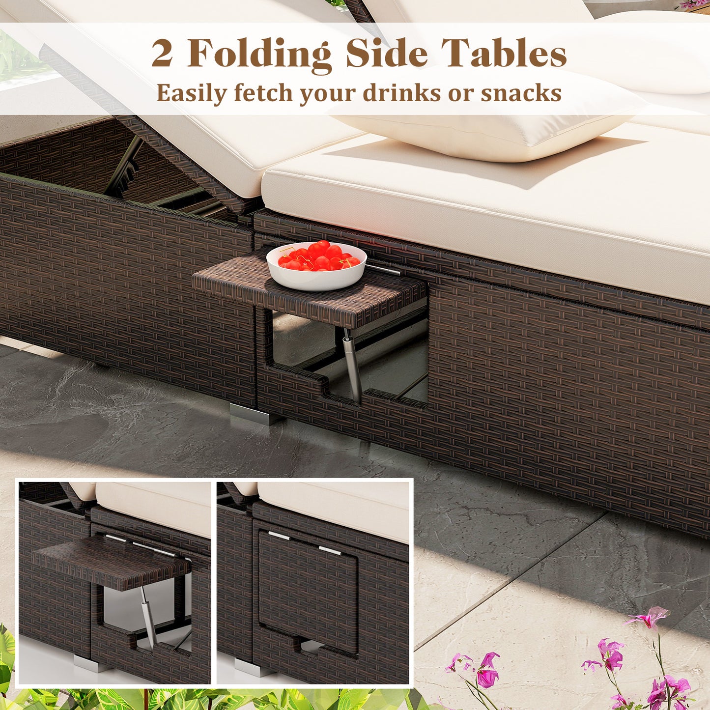 Double Chaise Lounge with Cushions and Folding Side Tables