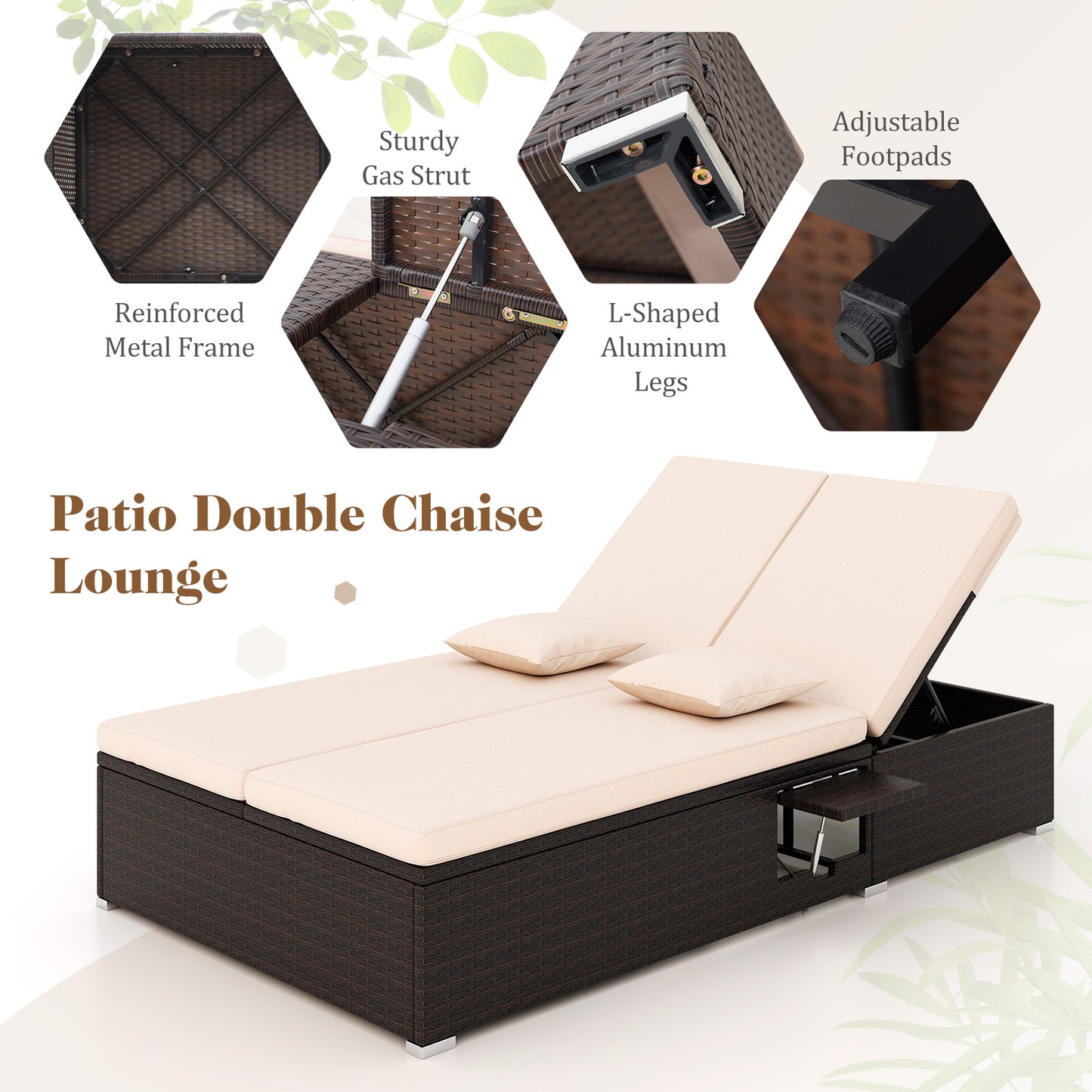 Double Chaise Lounge with Cushions and Folding Side Tables