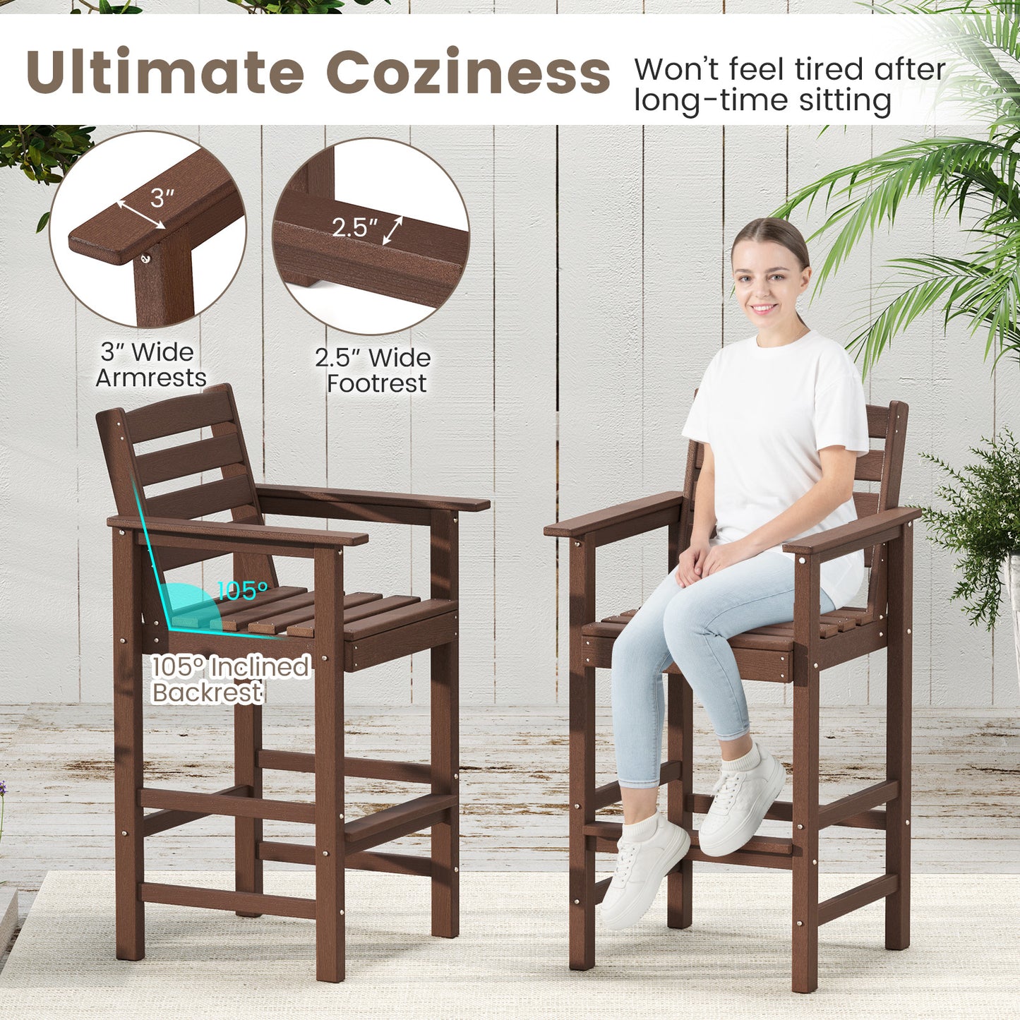 HDPE Adirondack Bar Chairs Set of 2 with Wide Armrests
