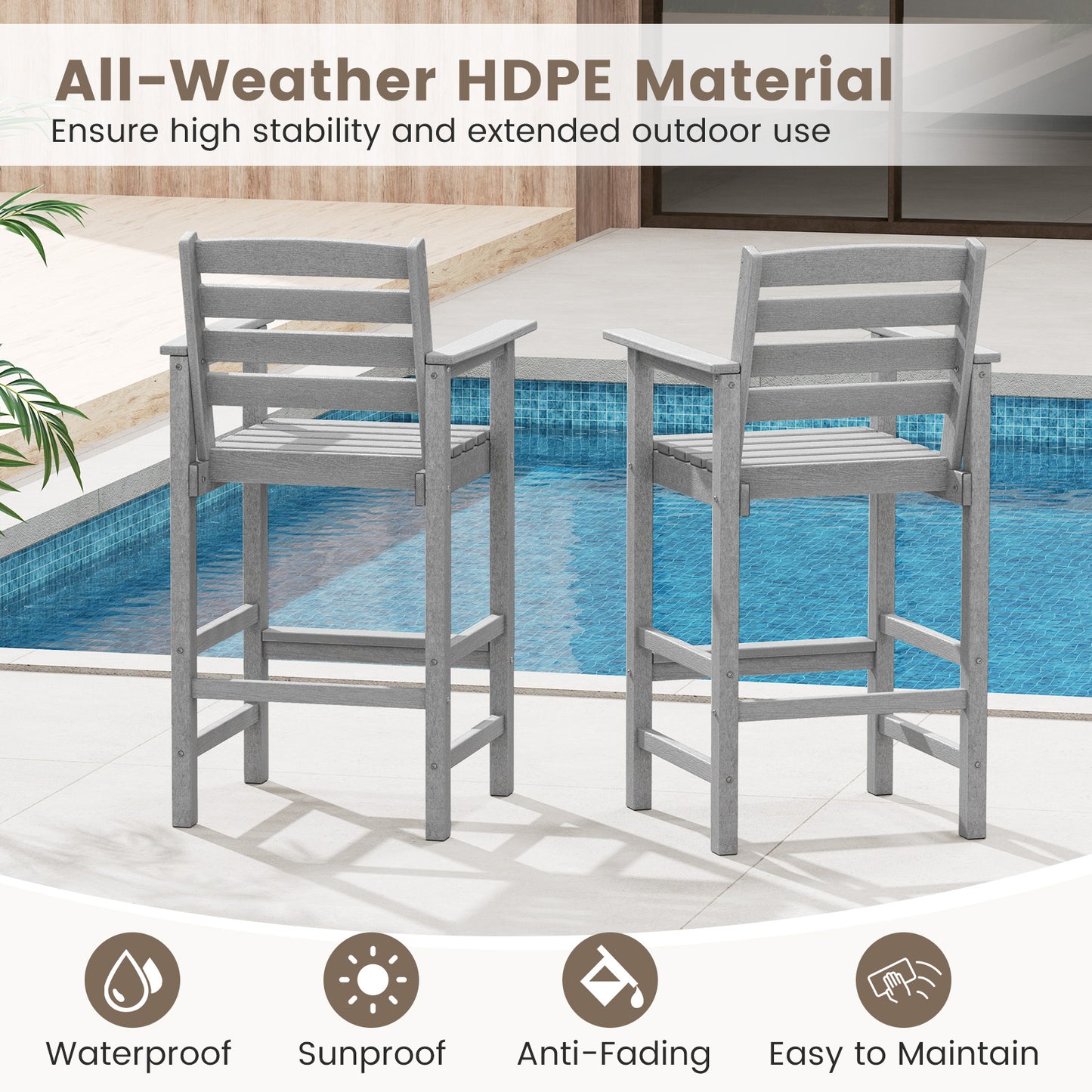 HDPE Adirondack Bar Chairs Set of 2 with Wide Armrests