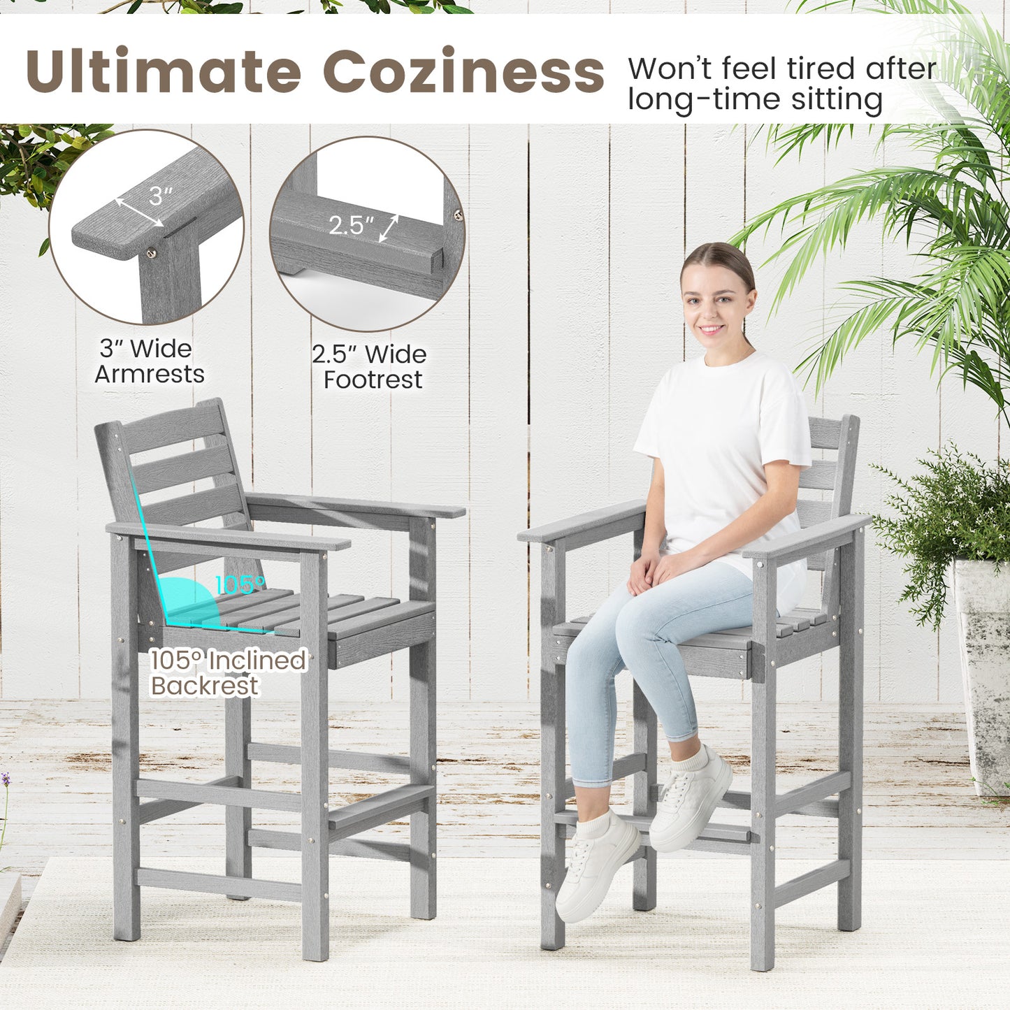 HDPE Adirondack Bar Chairs Set of 2 with Wide Armrests