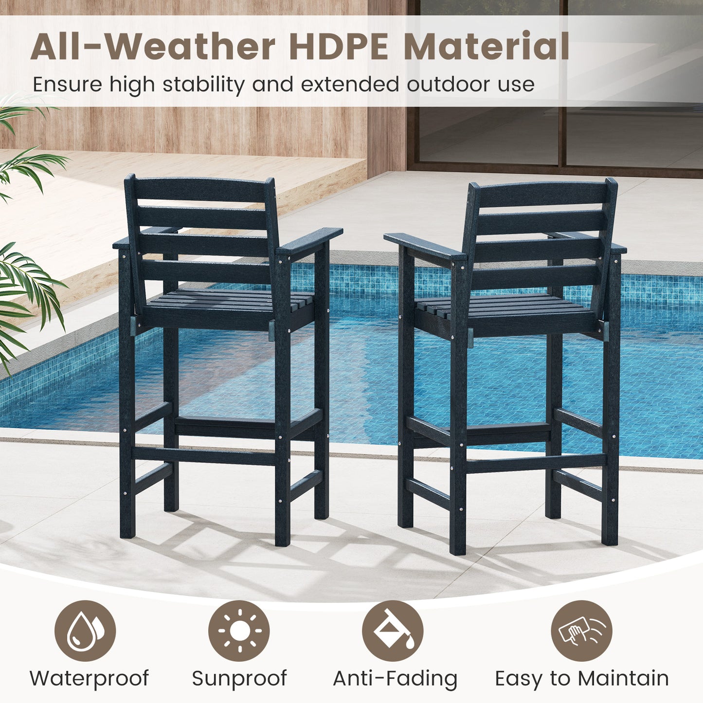 HDPE Adirondack Bar Chairs Set of 2 with Wide Armrests