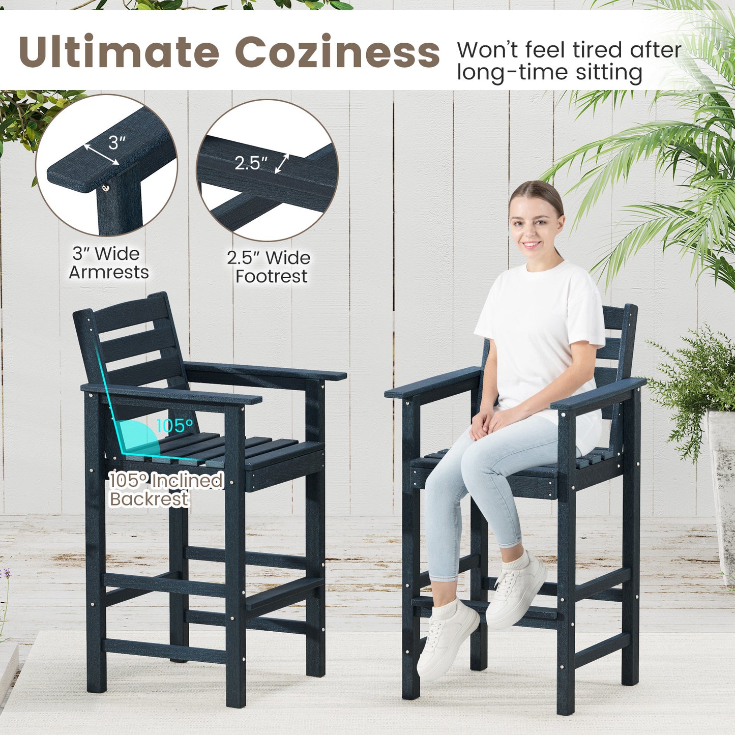 HDPE Adirondack Bar Chairs Set of 2 with Wide Armrests