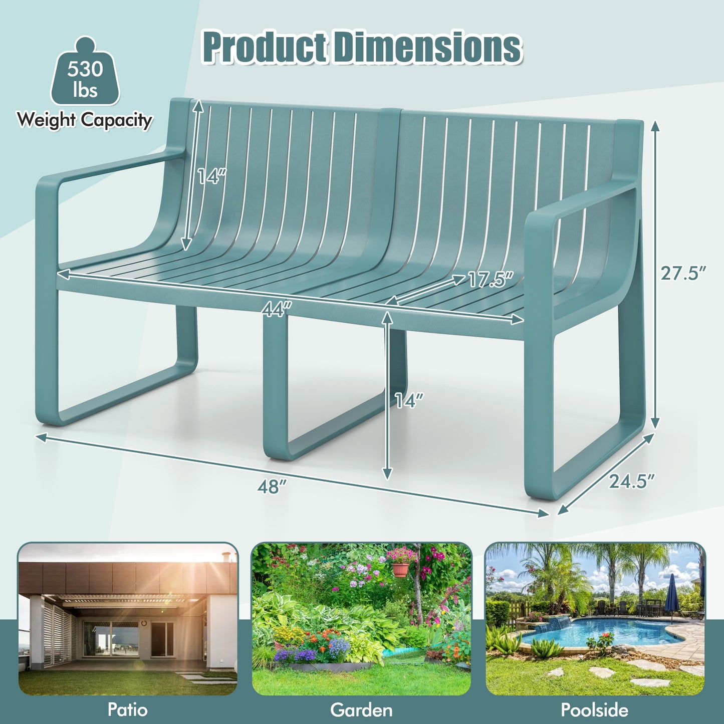 2-Person Outdoor Bench with Curved Backrest, 530 lbs Capacity