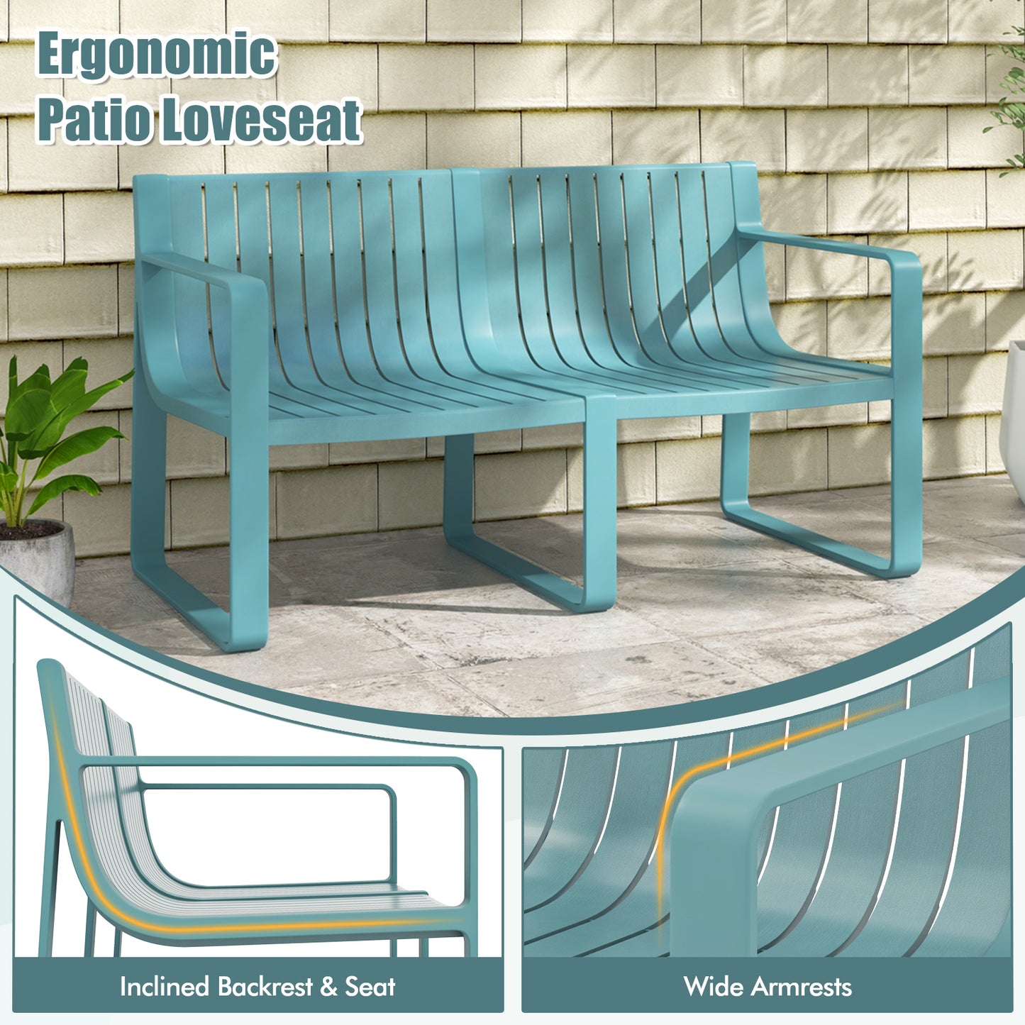 2-Person Outdoor Bench with Curved Backrest, 530 lbs Capacity