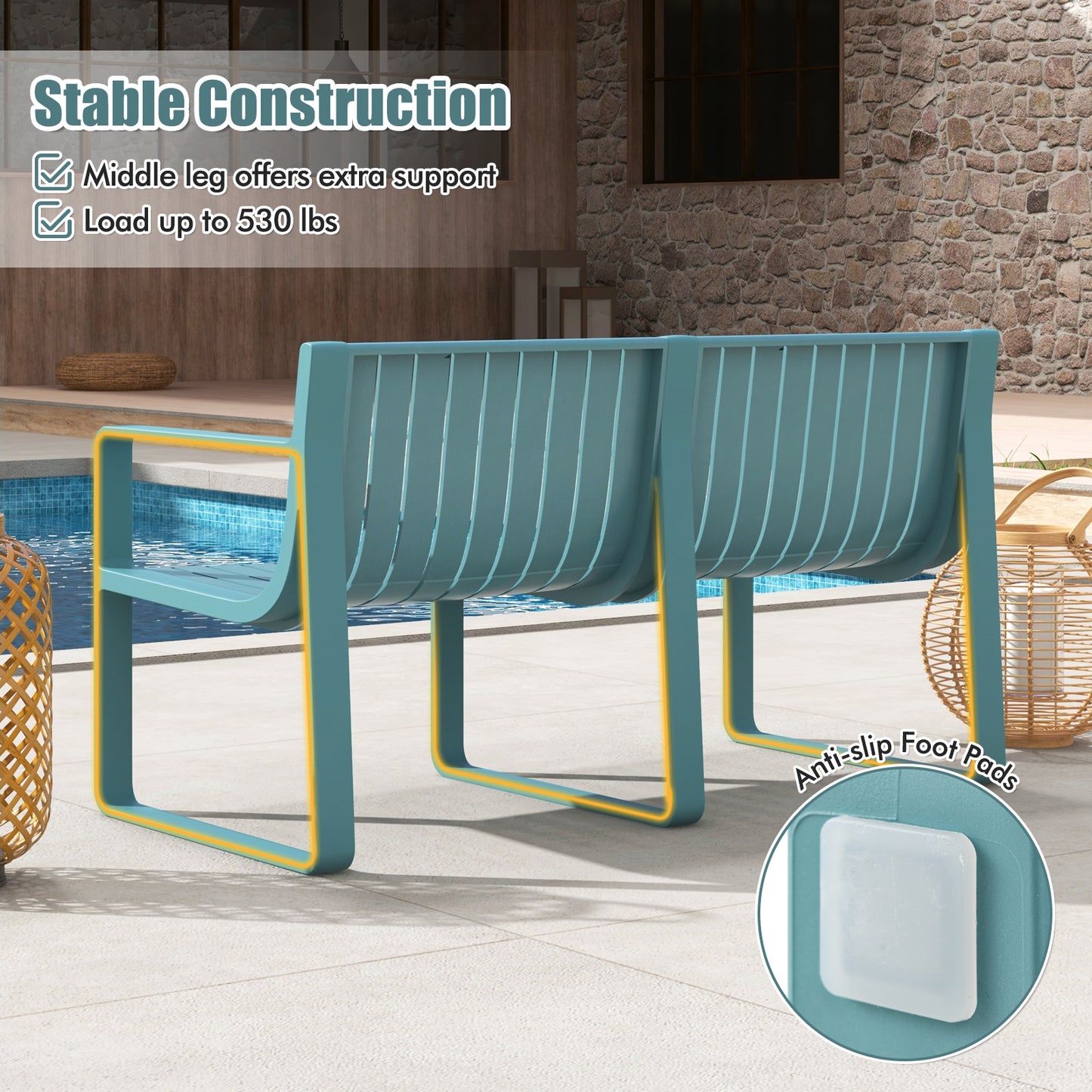 2-Person Outdoor Bench with Curved Backrest, 530 lbs Capacity